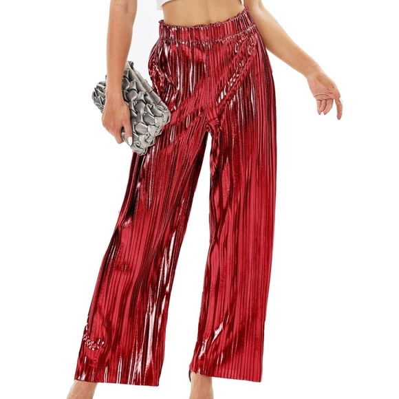 Shiny Metallic Pleated Wide Leg High Waisted Pants Red Size XL Party Holiday - Picture 1 of 12